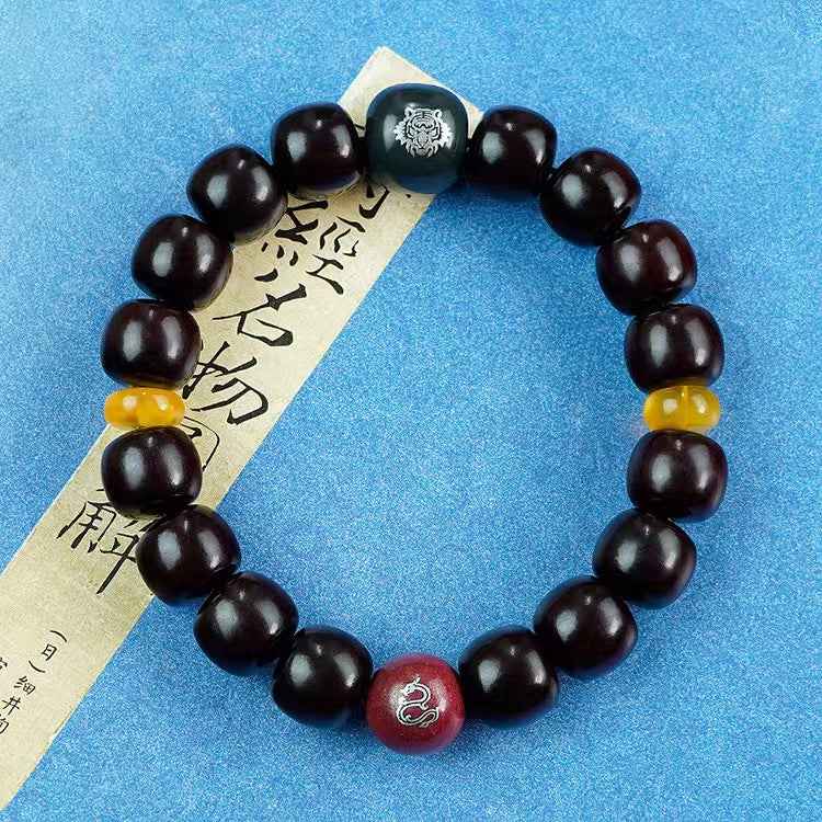 Harmonic Elements Bracelet - Hetian Jade & Silver-Inlaid Rosewood Beads with Amber & Cinnabar